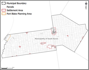 map of municipal boundaries of South Huron including settlement areas